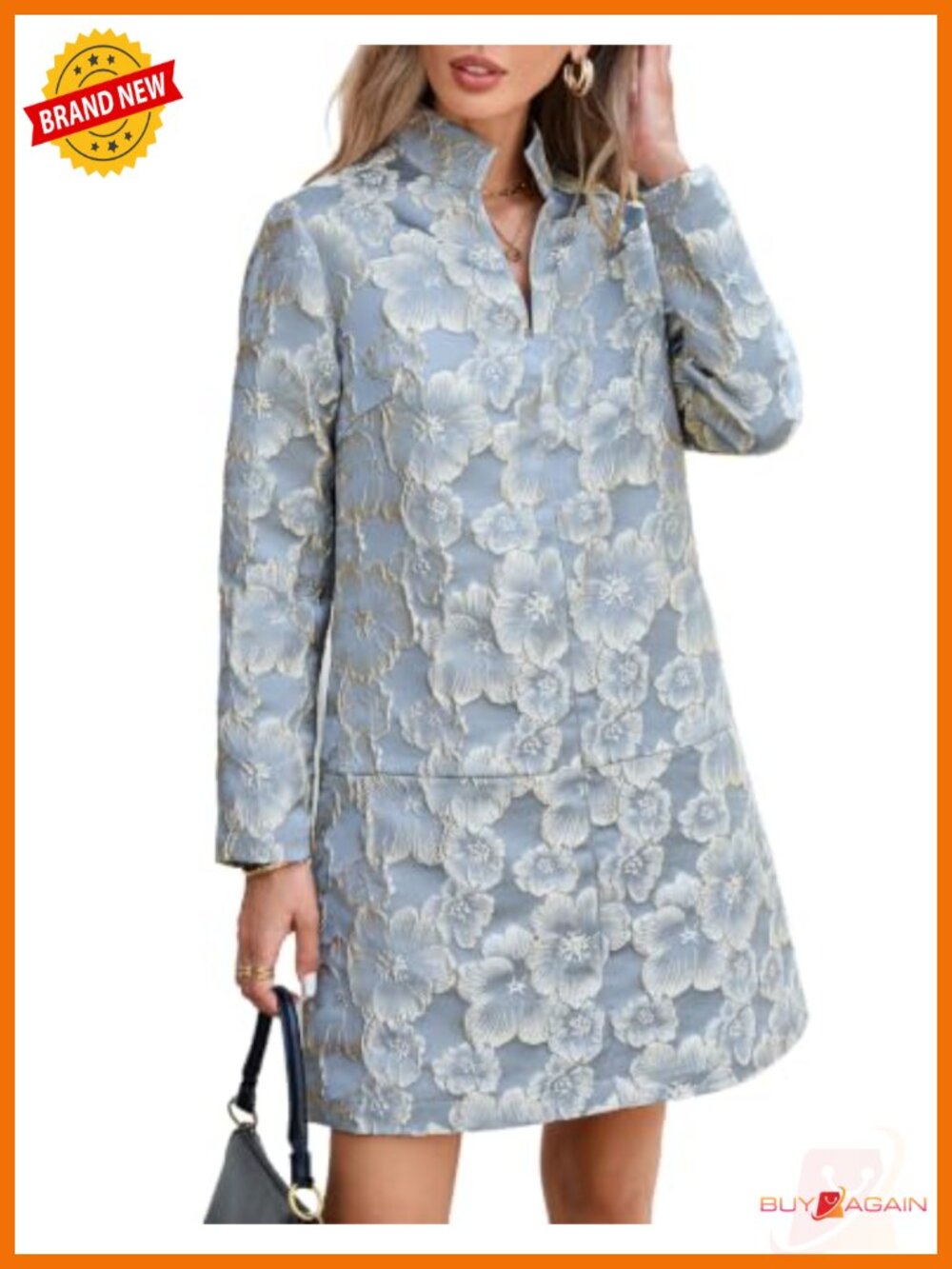 Floral Brocade Jacquard Mini Dress Long Sleeve Notch Neck Pockets